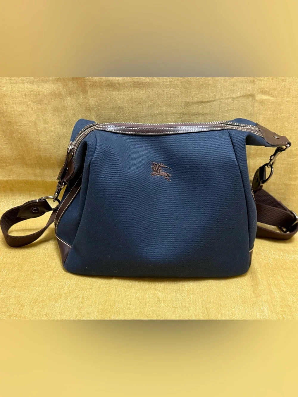 Burberry Navy Canvas Hobo Bag with Brown Accents